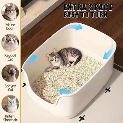 Gefryco Large Cat Litter Box with High Sided 24.6"x18.3"x12.2" - Jumbo Extra Large Open Anti - Splashing High Wall for Multiple Cats (White)