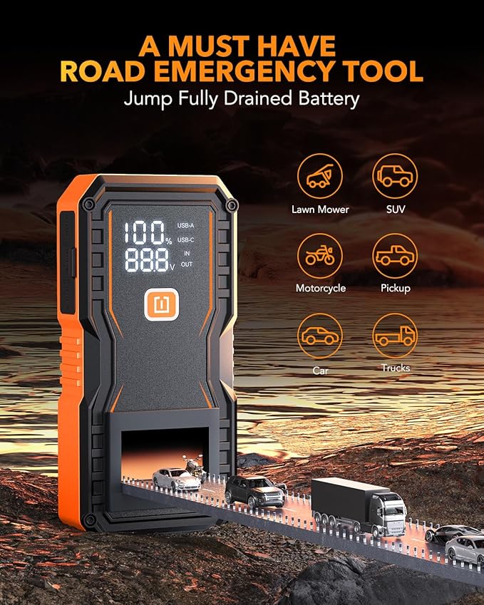 OXILAM Jump Starter 6000A for All Gas/12L Diesel, Car Battery Jumper Starter Portable, 12V Lithium Jump Box with Jumper Cables, LED Display, LED Light, Power Bank with USB, Type C Port