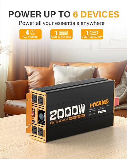 2000W Pure Sine Wave Inverter 12V DC to 110V 120V AC Car Converter for RV Truck Off-Grid Solar Power Inverter with 4 AC Outlets, USB/Type-C Fast Charging Ports, LCD Display, Remote Control