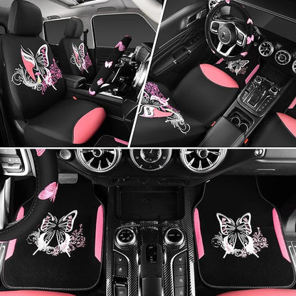 CAR PASS Pink Leather & Gaberdine Butterfly Car Seat Covers Full Set with Waterproof Car Floor Mats and Embroidered Butterflies Steering Wheel Cover for Interior Sets ((Black & Pink)