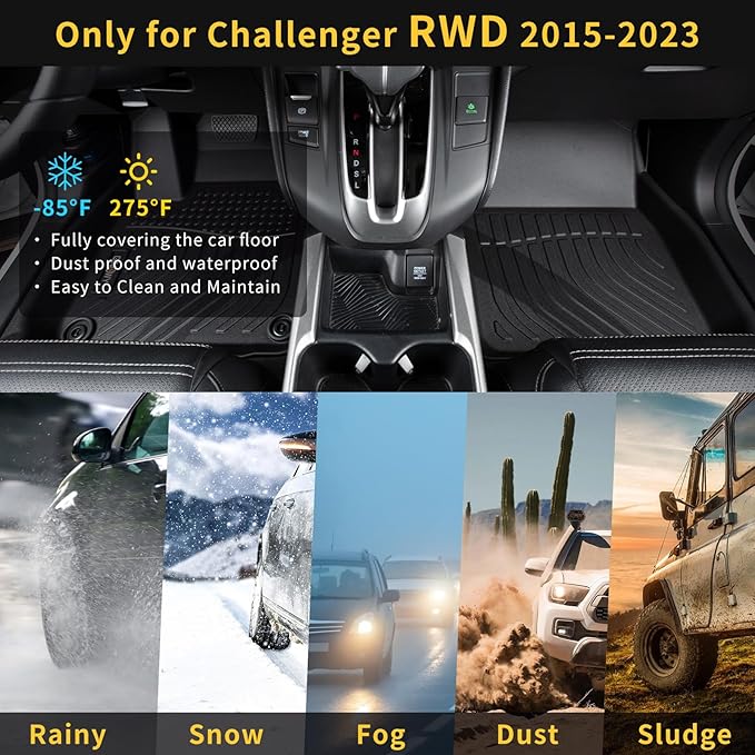 GINOWY-Floor Mats & Cargo Liner for Dodge Challenger RWD 2015-2023, TPE All Weather Challenger Car Floor Mats, Non-Slip Trunk Mat Waterproof Challenger Automotive Floor Liners Accessories Black
