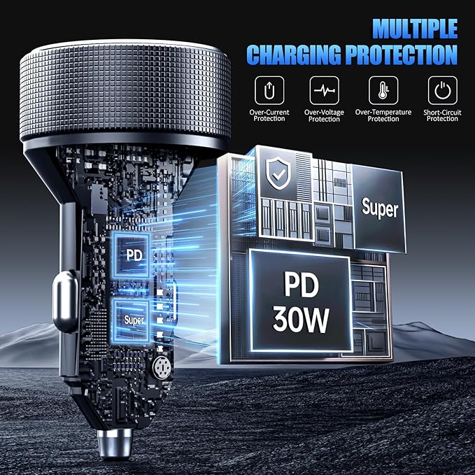 Car Charger USB C, 78W 4 Port Fast Charging Car Phone Charger Adapter, Dual USB-C & USB-A Cigarette Lighter Adapter with Voltmeter Type C Vehicle Accessories for iPhone 16 15, iPad, Samsung, Android