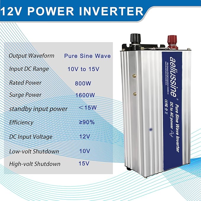 800W Pure Sine Wave Inverter-12V DC to 110V 120V AC Power Converter with 2 AC Outlets, 12 Volt Power Inverter for Truck, Rv, Camping, Home, Emergency Power