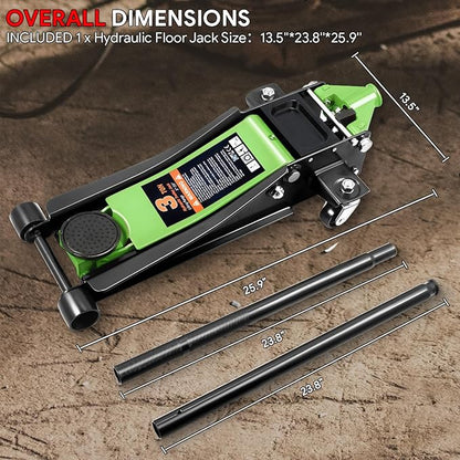 DNA MOTORING Low Profile Hydraulic Trolley Service/Floor Jack, 3 Ton (6000 lbs) Capacity Heavy Duty Hydraulic Car Jack, Lifting Range 3"-20", Green, TOOLS-00475-GR