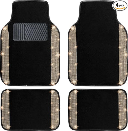 NBTEPEM Gold Bling Car Floor Mats Full Set, Universal Fit Most Cars,SUV, Trucks, 4 pcs Sparkle Glitter Diamond Carpet for Women Girls with Anti-Slip Pad (Gold Diamond)