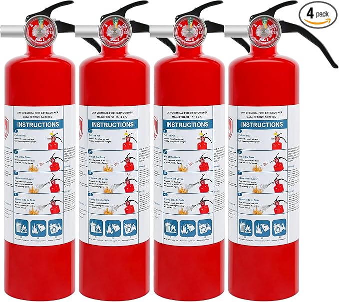 4 Pack ABC Dry Chemical Fire Extinguishers, 2.5 lb 1A:10B:C Rating for Home, Car, Boat, Quick Release Handle, Compact & Portable Dry Powder extinguisher