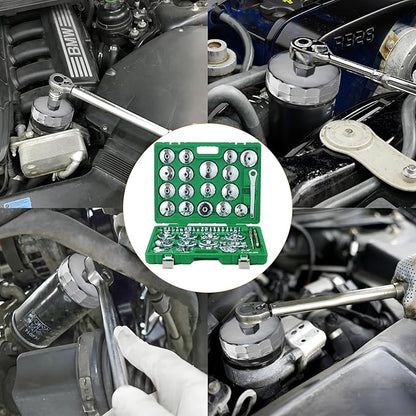 Auto Oil Filter Socket Wrench Set, Cup Type 1/2 inch Drive Cap Removal Tool, with Drain Plug Socket Set/Adjustable/Drive, Compatible, all Models Car, SUV, Oil Filter (58, GREEN)
