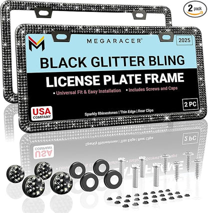 Elegant Bling License Plate Frames for Women - 2 Pack, 1600 Premium Black Rhinestones, Rust-Free Stainless Steel, Street Legal Slim Design, Sparkly Diamond Car Tag Holders with Glitter Crystal Covers