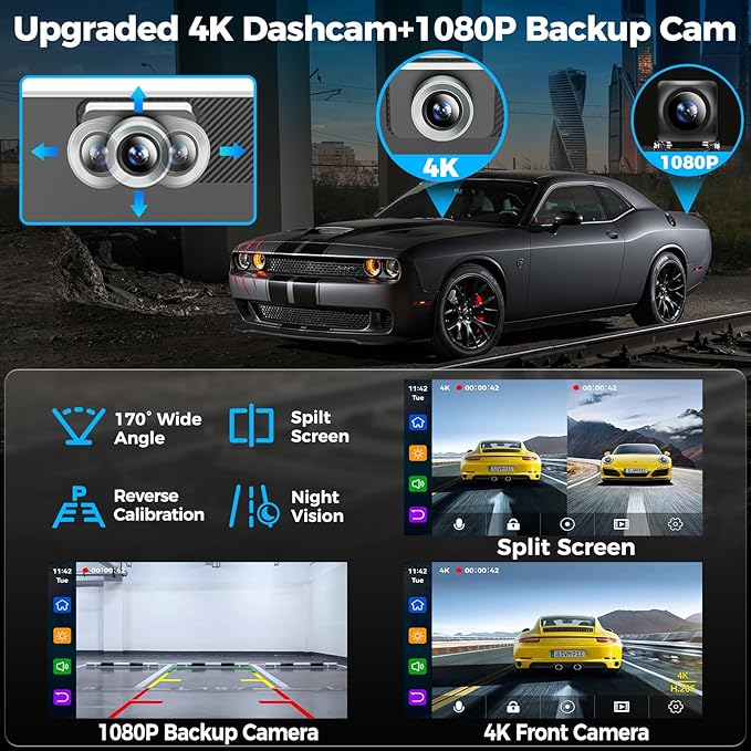 7" Wireless Apple CarPlay Android Auto Screen for Car - 4K Dash Cam, GPS Navigation, HD Touchscreen, AirPlay, 1080P Backup Camera, Car Stereo