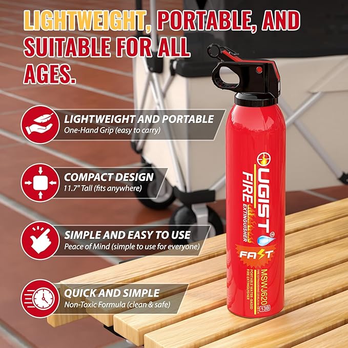 Water-Based Fire Extinguisher -2 Pack Portable for Home & Vehicle Use, Cold-Weather Safe, Prevents Re-Ignition - Ideal for Kitchen, Garage, Car