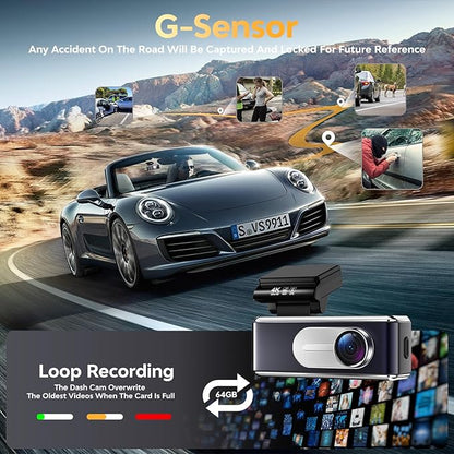 Dash Cam Front and Rear - 4K HD Dual Dash Camera for Cars, Built-in 5G WiFi GPS, 64GB Card, Dashcam with 3.2" IPS Screen, UHD Night Vision, HDR, App Control, 24H Parking Monitor