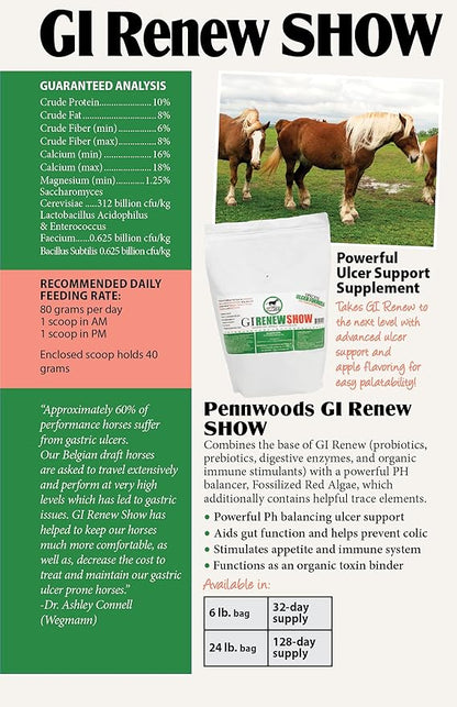 GI Renew Show, Probiotics for Equine, Immune and Appetite Stimulation, Prebiotics, Digestive Enzymes | Horse Supplement Providing Ulcer Relief and Treatment, Organic Toxin Binder, 6 LB Bag