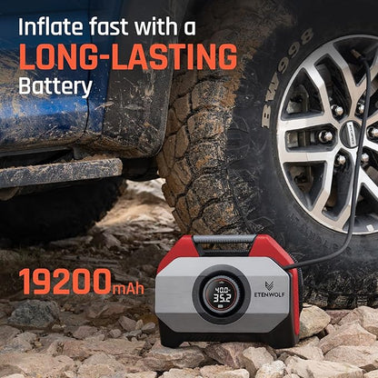ETENWOLF VORTEX S6 Tire Inflator Portable Air Compressor for Heavy-duty Vehicle, Cordless Air Pump for Car & Inflatables with 19200 mAh Battery, 100% Duty Cycle & Dual Cylinder Bike Pump, Red