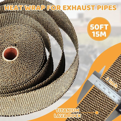 Exhaust Heat Wrap, Tooomplus 2'' x 50' Fiberglass Heat Shield Tape, Heat Wrap for Exhaust Pipes with 15pcs Stainless Steel Ties for Motorcycle Car Truck