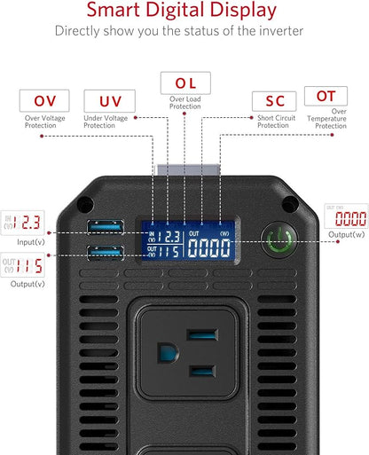 BESTEK 1200 Watt Power Inverter, 12V DC to 110V AC Car Inverter with LCD Display, 2 AC Outlets, 5V/2.4A USB Port, Cables Included, Car Power Converter for Truck, Home, Vehicles, Laptop