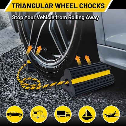 ROBLOCK Heavy Duty Wheel Chocks, Rubber Wheel Block Non-Slip Base with Nylon Rope Yellow Reflective Tape - 1 Pair Black, Wheel Stoppers for Travel Trailers, RV, Aircraft, Car, Camper, Truck