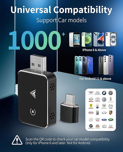 Carplay Wireless Adapter, 2 in1 Carplay & Android Auto 2025 Upgraded Wireless Adapter, Converts Wired to Mini Size Car Play, Fast Auto-Connect, No Latency, Plug and Play, USB A/C