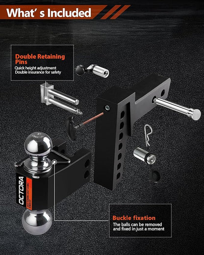 Adjustable Trailer Hitch (Fits 2-Inch Receiver) - Aluminum Tow Hitch with 6-Inch Drop/Rise for Truck (12,500 LBS GTW) - Double Anti-Theft Locking Hitch Pins (Black, 2.0inch-6Drop-Tri Ball)