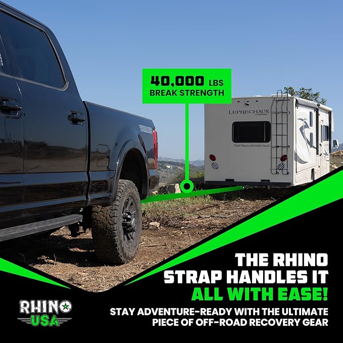 Rhino USA Recovery Tow Strap (4" x 30') - 40,320lb Break Strength - Emergency Recovery Strap Tow Rope for Diesel Trucks, Backhoe, Excavators & More - Heavy Duty Towing Strap for Offroad 4x4 Use