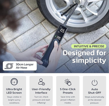 Tire Inflator Portable Air Compressor for Car, Bike, Motorcycle, SUV, Offroad & Truck - Fast Car Pump, 150 PSI, Cordless 12V DC, LED Display Emergency Light Woowind (Ventus pro)