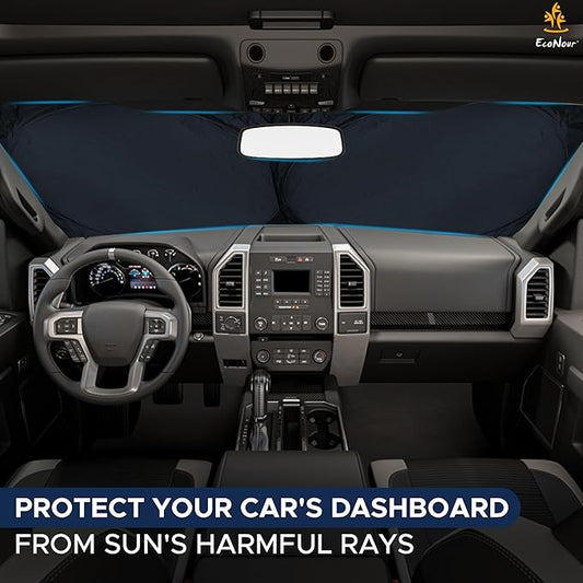 EcoNour Truck Windshield Sun Shade with Storage Pouch | Reflective 240T Material Sun Shield for UV & Heat Protection | Foldable Windshield Cover | Must-Have Truck Accessories | X-Large (69"x35")