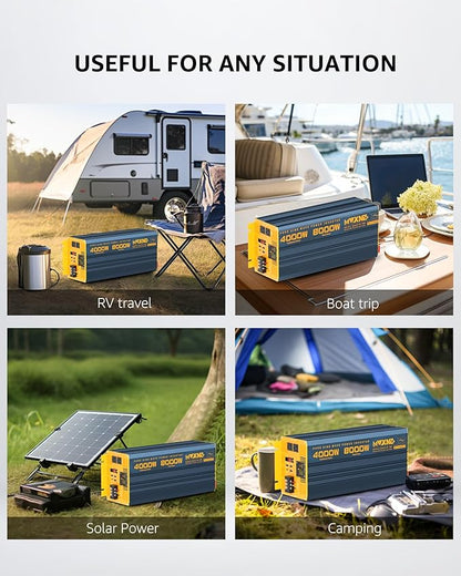 4000W Pure Sine Wave Power Inverter DC 12V to AC 110V 120V for Home RV with Dual AC Outlets 1 USB-C(60W) 3 USB-QC3.0 Fast Car Charger Adapter, LCD Display and Remote Control