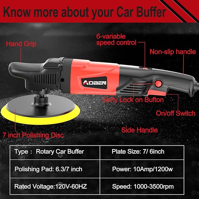 AOBEN Rotary Buffer Polisher,1200W 6-inch/ 7-inch Car Buffer,Car Polisher Waxer Kit with 6 Variable Speed 1000-3500RPM & 4 Polishing Pads,Detachable Handle for Boat,Car Polishing and Waxing