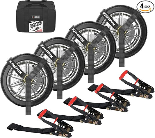 Kingfun Car Tie Down Straps for Trailers 4 Pack– Heavy Duty 2" x 120" Trailer Tire Straps with 3333 lbs Safe Working Load, Over The Wheel Strap for Car Hauler, Truck, UTV, and Utility Trailers