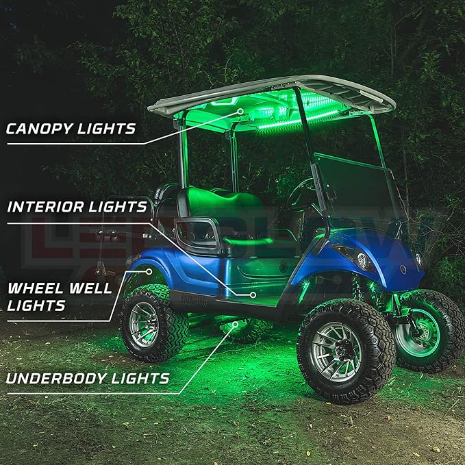 LEDGlow 12pc Million Color LED 4-Seater Golf Cart Underglow Neon Kit with Canopy, Wheel Well & Interior Lights Fits EZGO, Yamaha, Club Car, ICON, Evolution, Tomblerin, Star EV - for 12-Volt Battery