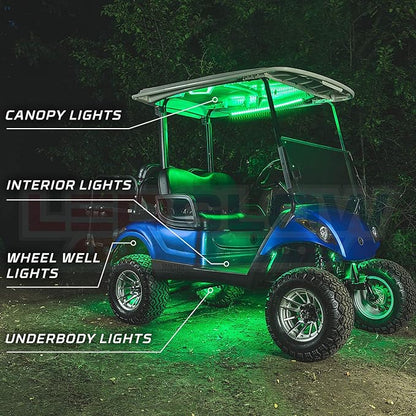 LEDGlow 12pc Million Color LED 4-Seater Golf Cart Underglow Neon Kit with Canopy, Wheel Well & Interior Lights Fits EZGO, Yamaha, Club Car, ICON, Evolution, Tomblerin, Star EV - for 12-Volt Battery
