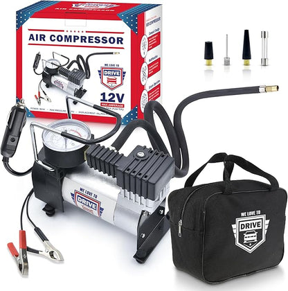 Tire Inflator Portable Air Compressor For Car Tires & Inflatables, 12V DC One Cylinder Air Pump For Emergency Kit with 150 PSI Pressure Gauge, Adaptors, Hose, Car Plug, Clip Connectors & Carry Bag