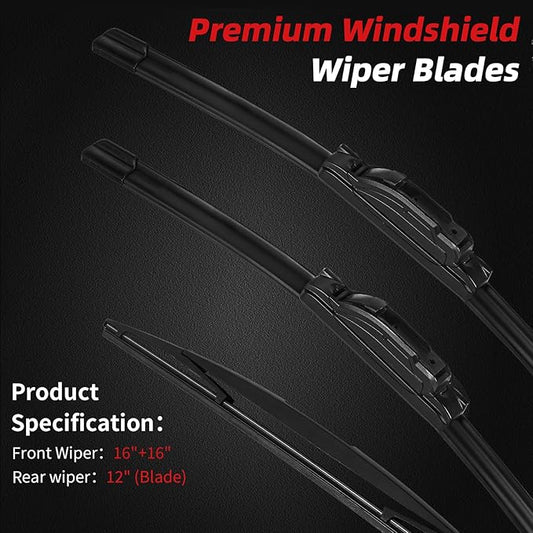 OTUAYAUTO Premium Windshield Wiper Blades - Replacement for Jeep Wrangler JL 2018-2024- Precision Fit, All-Weather Performance, Front and Rear Wiper Blades, J/U Hook - 16"+16"+12" (Pack of 3)