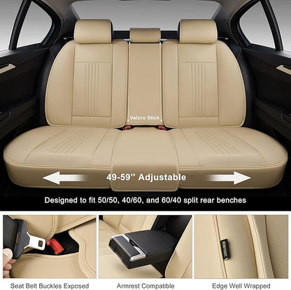 Car Seat Covers Full Set, Front and Rear Seat Covers for Cars, Waterproof Leather Auto Seat Protectors with Head Pillow, Car Seat Cushions Fit for Most Sedans SUV Pick-up Truck, Beige