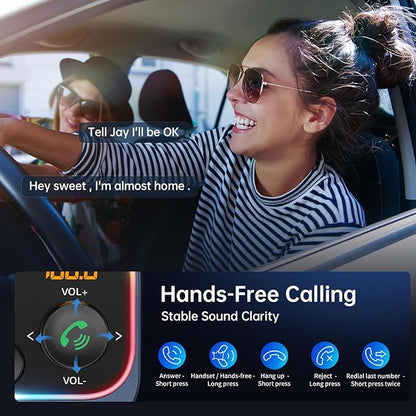 Syncwire Bluetooth 5.4 FM Transmitter Car Adapter 54W (PD 36W & 18W) [Fast Charging] [Stronger Dual Mics] [Light Switch] [HiFi Deep Bass] Wireless Radio Receiver Hands-Free Calling LED Display, Blue