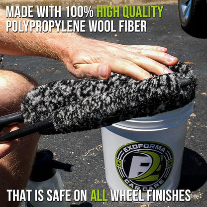 ExoForma Bendable Brush Set - Unique Adjustable 2-Piece Wheel Brush Set Cleans Behind Wheels - Tough Yet Gentle Wool Fiber + No-Scratch Rubber Tip Safe for All Wheel Types - Comfy Ergonomic Grip