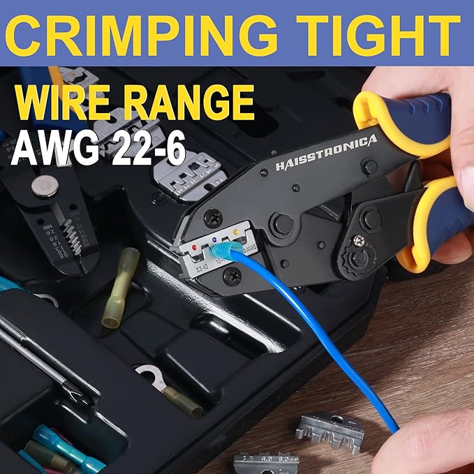 haisstronica 8PCS Crimping Tool Set - Ratchet Wire Crimping Tool for Heat Shrink,Insulated Nylon,Non-Insulated,Ferrule Wire End,Open Barrel Terminals,Solar Connectors
