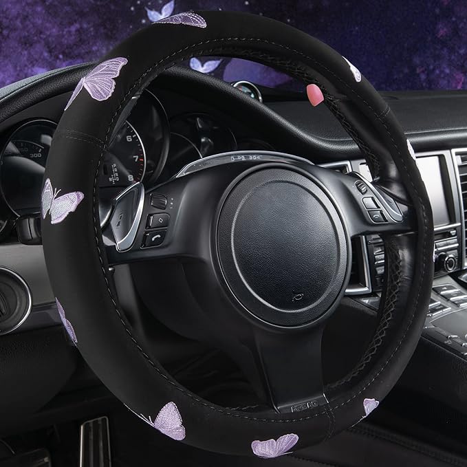 Car Pass Purple Embroidery Butterfly Steering Wheel Cover, Universal 15 Inch Car Wheel Cover for Women Girls, Fit for Suvs,Small Trucks,Sedans,Cars (Black and Purple)