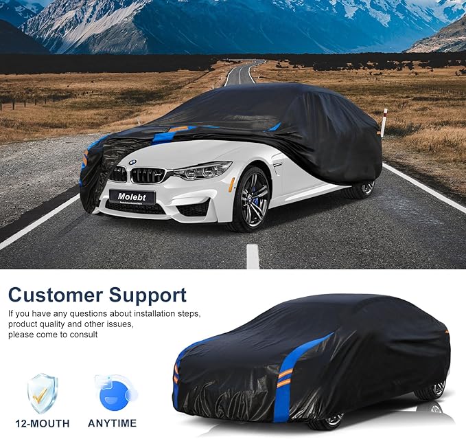 Car Cover Waterproof All Weather for Automobiles, Full Exterior Covers for Sedan & Coupe (201-208 inch) Universal Fit for Chrysler 300, Benz S-Class, etc. Rain Winter Sun Snow Protection.