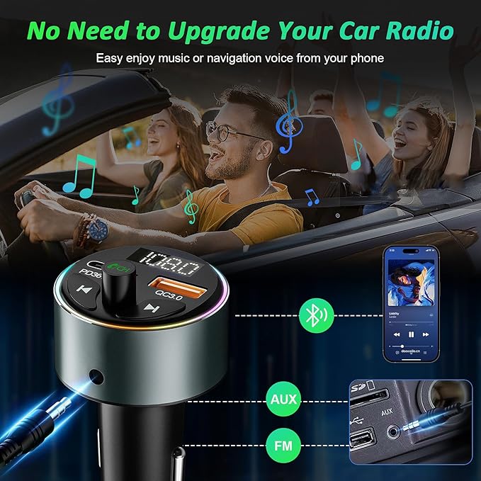 FM Transmitter Bluetooth 5.3 - SOARUN Fast Car Charger Adapter 54W [PD 36W & QC3.0 18W], Support Wireless Radio, Aux 3.5mm, Hands-Free Calling with 9 Colors LED Backlit