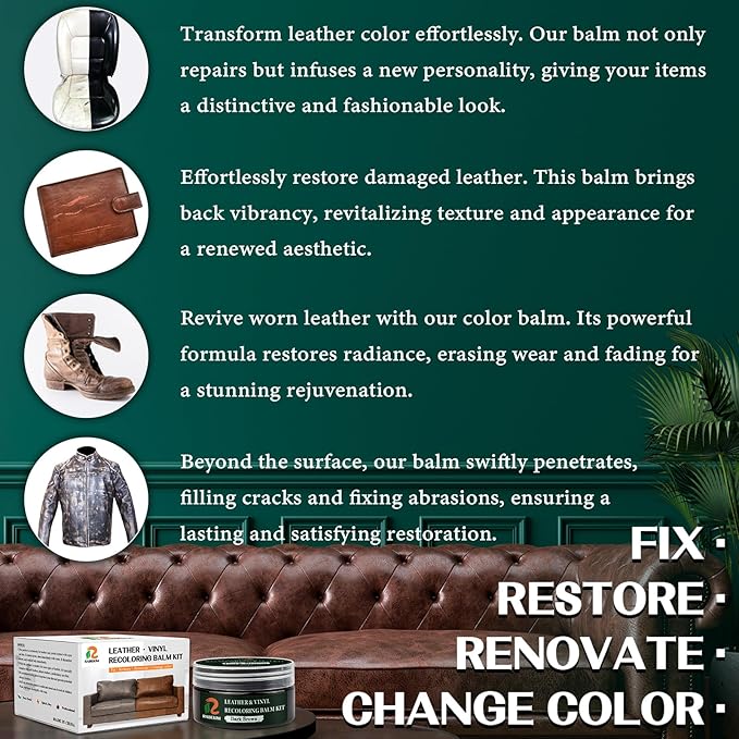 Dark Brown Leather Repair Kit, Leather Recoloring Balm – Restore & Repair Faded Leather on Couches, Car Seats, Shoes & Furniture | Leather Color Restorer & Conditioner | Easy DIY Application