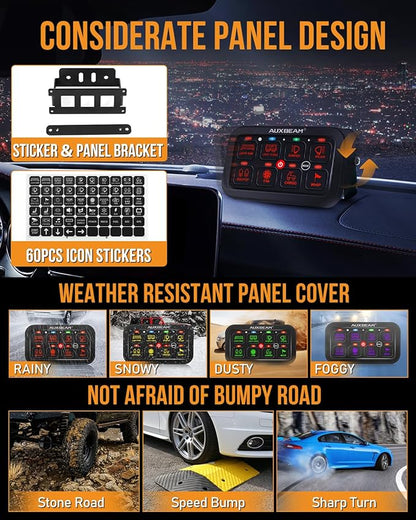 Auxbeam 8 Gang Switch Panel RA80 Toggle Momentary Pulsed RGB Dimmable Multifunction Switch Panel Easy Installation Marine Switch Pod IP65 Waterproof for Car Boat RV, 2 Years Warranty