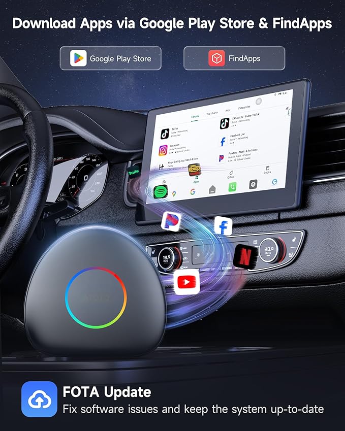 Wireless CarPlay Adapter Android 13 AI Box, Upgraded CB6C Video Streaming Plug & Play Carplay Box for iPhone & Android Auto with ChatGPT, Supports YouTube, Netfilx, TikTok, 4G LTE, 4G+64G