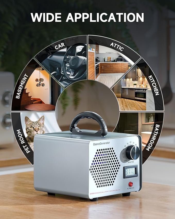 CREWORKS Ozone Odor Machine, Commercial Ozone Generator Air Purifier with Timer Display, 60000 mg/h Ozone Machine for Car Home Smoke Pet Odor Removal, High Capacity for 3200 sq ft Room, Silver