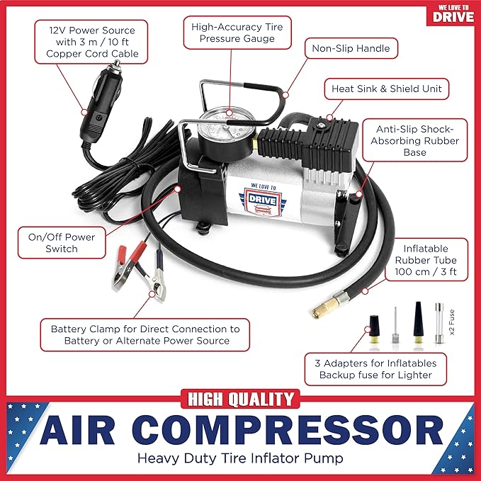 Tire Inflator Portable Air Compressor For Car Tires & Inflatables, 12V DC One Cylinder Air Pump For Emergency Kit with 150 PSI Pressure Gauge, Adaptors, Hose, Car Plug, Clip Connectors & Carry Bag