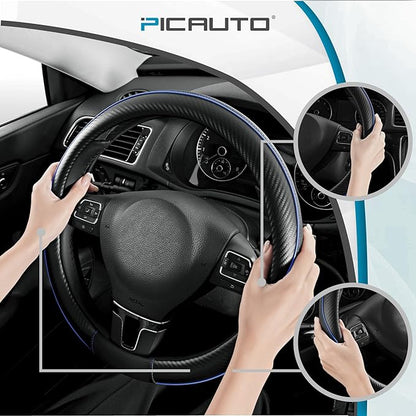 PIC AUTO Steering Wheel Cover, Blue Piping Leather, Sports Carbon Fiber and Super Breathable Leather, Universal 14.5-15.5 Inch Anti-Slip Steering Wheels Accessories for Men & Women