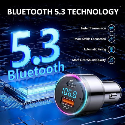 Bluetooth Transmitter for Car, LENCENT Full Metal Bluetooth 5.3 Car Adapter Dual USB Fast Charging 48W(PD 30W & QC3.0 18W), Wireless FM Radio Transmitter with Hi-Fi Music, Hands-Free Calling