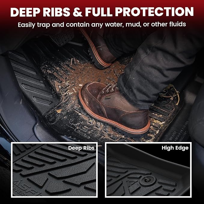 LASFIT Floor Mats for Ford Ranger 2025 2024 SuperCrew Cab All Weather Truck Protector TPE Carpeted Floor Liners, Front and Rear Row, 3pc Black