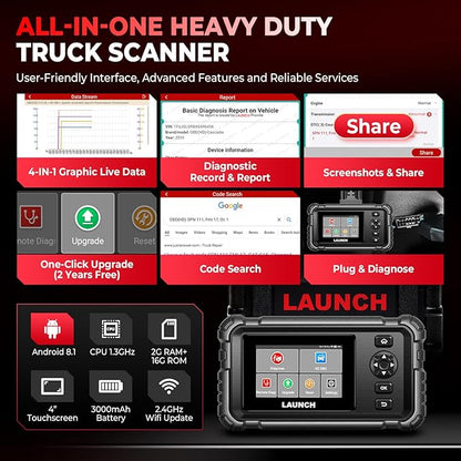 LAUNCH CRP129 HD Heavy Duty Truck Scanner, Full System Diesel Scanner with 7+ Resets, D.P.F Regen, Speed Limit Adjust, Oil Reset for Commercial Vehicles, Cummins, Detroit, Isuzu, Volvo&More