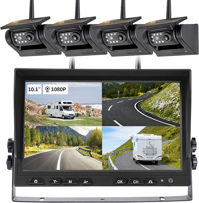10.1" - 4 Magnetic Solar Wireless Backup Camera System, HD 1080P DVR Monitor, RV Wireless Cameras for Hitch Towing RV Camper Trailer, IR Night Vision, 4x9600mAh Rechargeable Battery, SR4