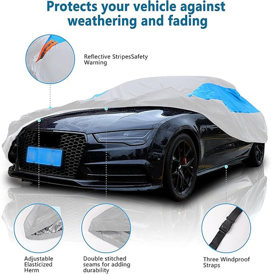 MORNYRAY Waterproof Car Cover All Weather Snowproof UV Protection Windproof Outdoor Full car Cover, Universal Fit for Sedan (Silvery, A3-Fit Sedan Length(178-185 inch)